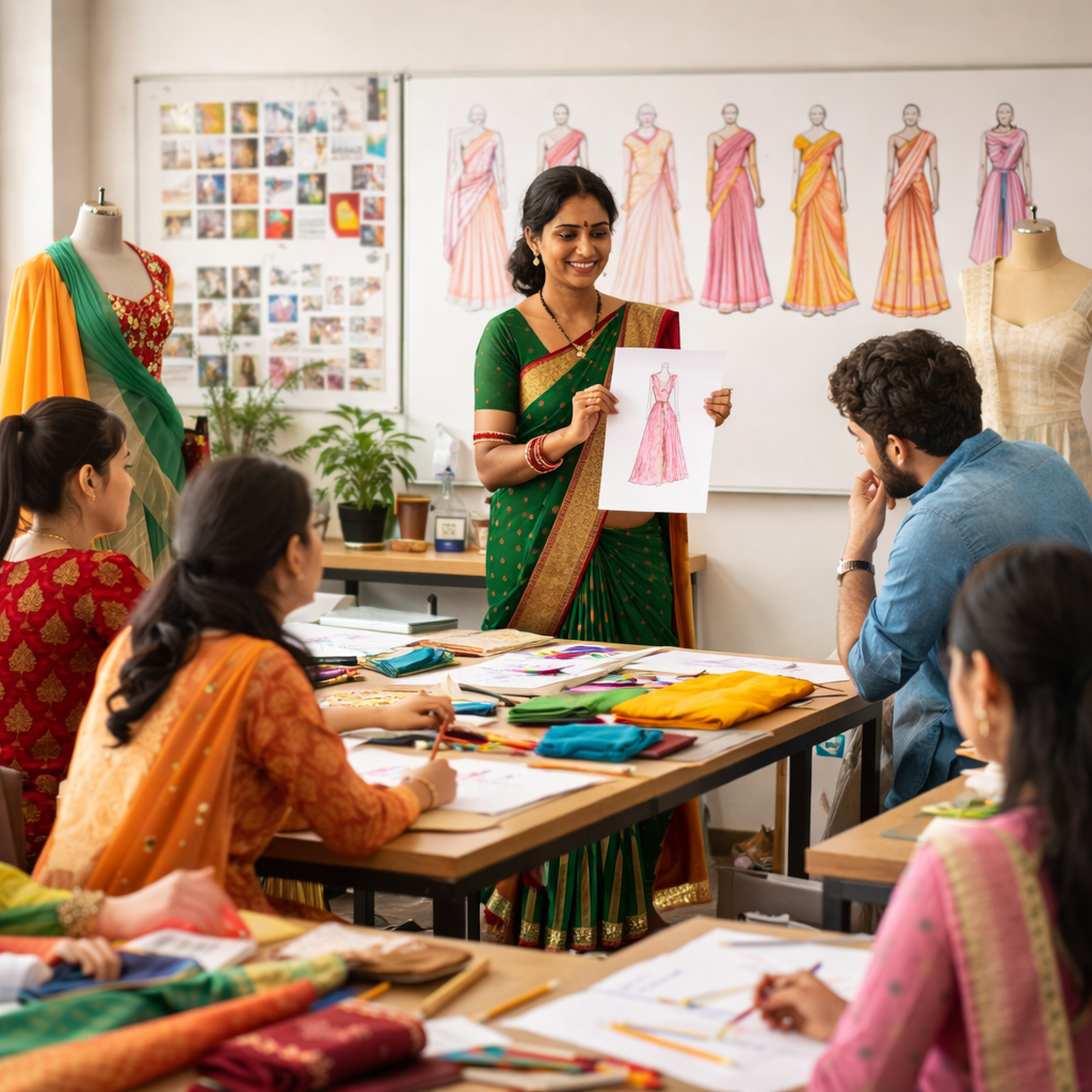 woman training fashion designing to students