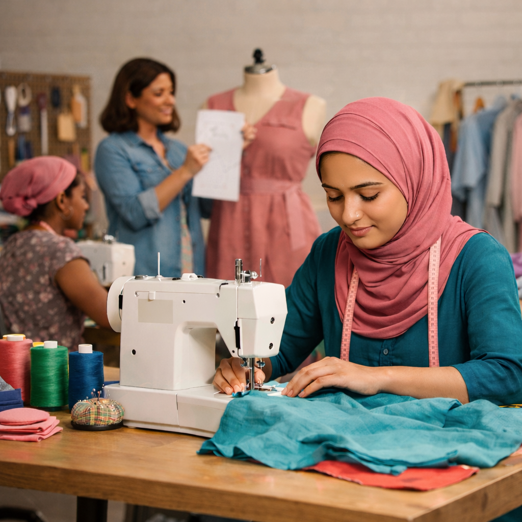 muslim woman using sewing machine